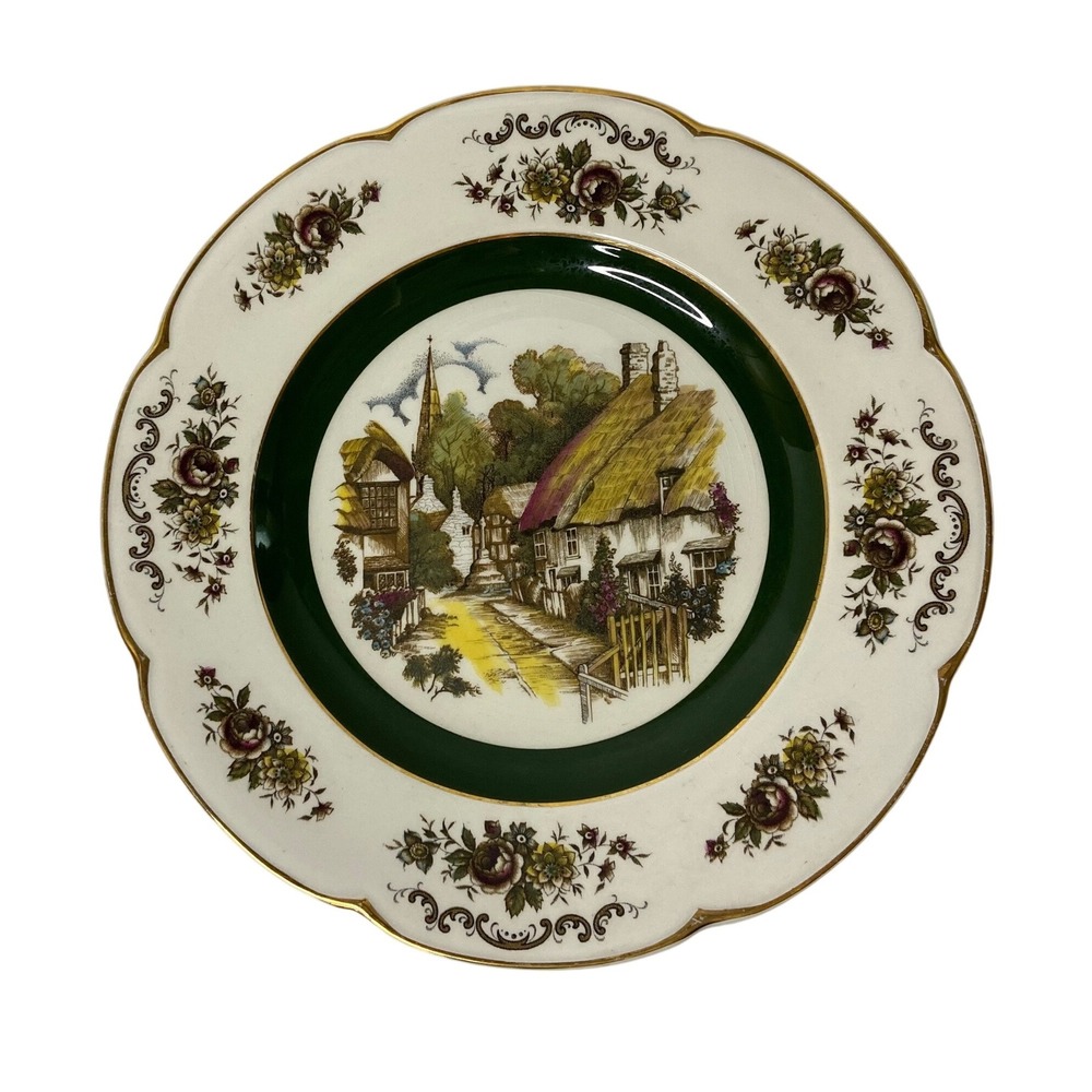 Vintage Ascot Decorative Plate Wood & Sons England Cottage Scene‎ Green Gold 9"